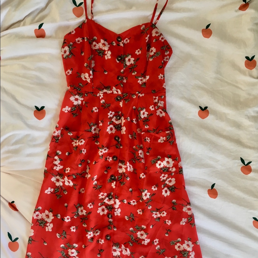 Red floral button down midi dress
